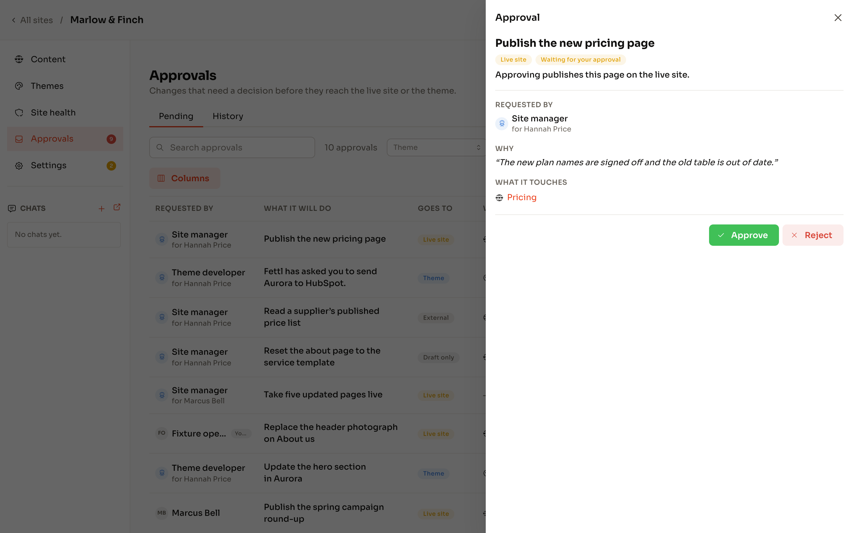 An approval request opened in its drawer: what it will do, where it goes and what it touches.