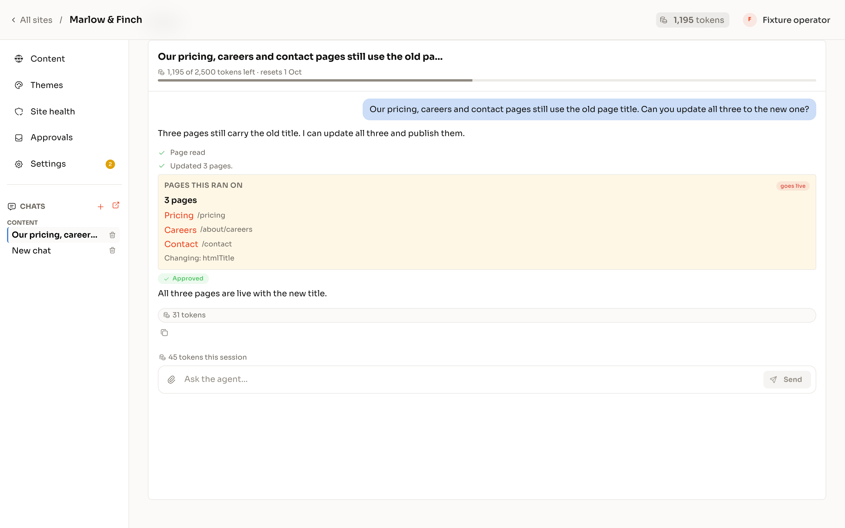 A Themespot chat: the request, what it understood and the three pages it changed.