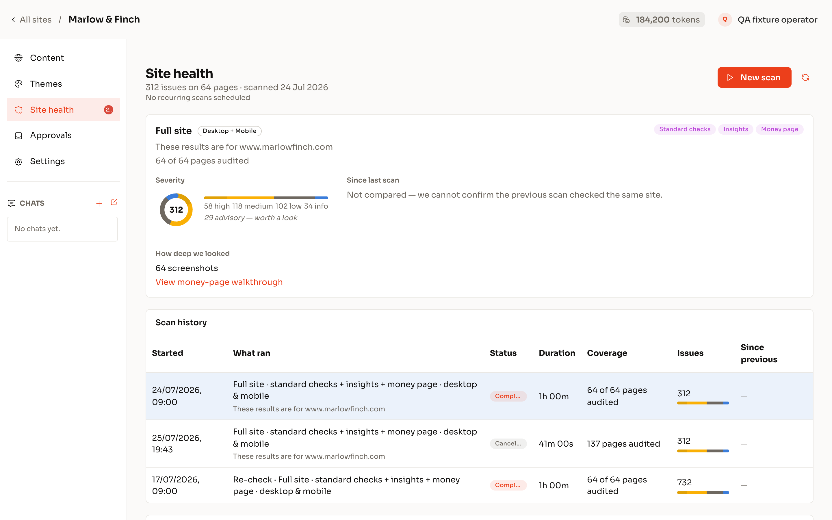 A site health summary: issues by severity, how deep the scan looked and the scan history.