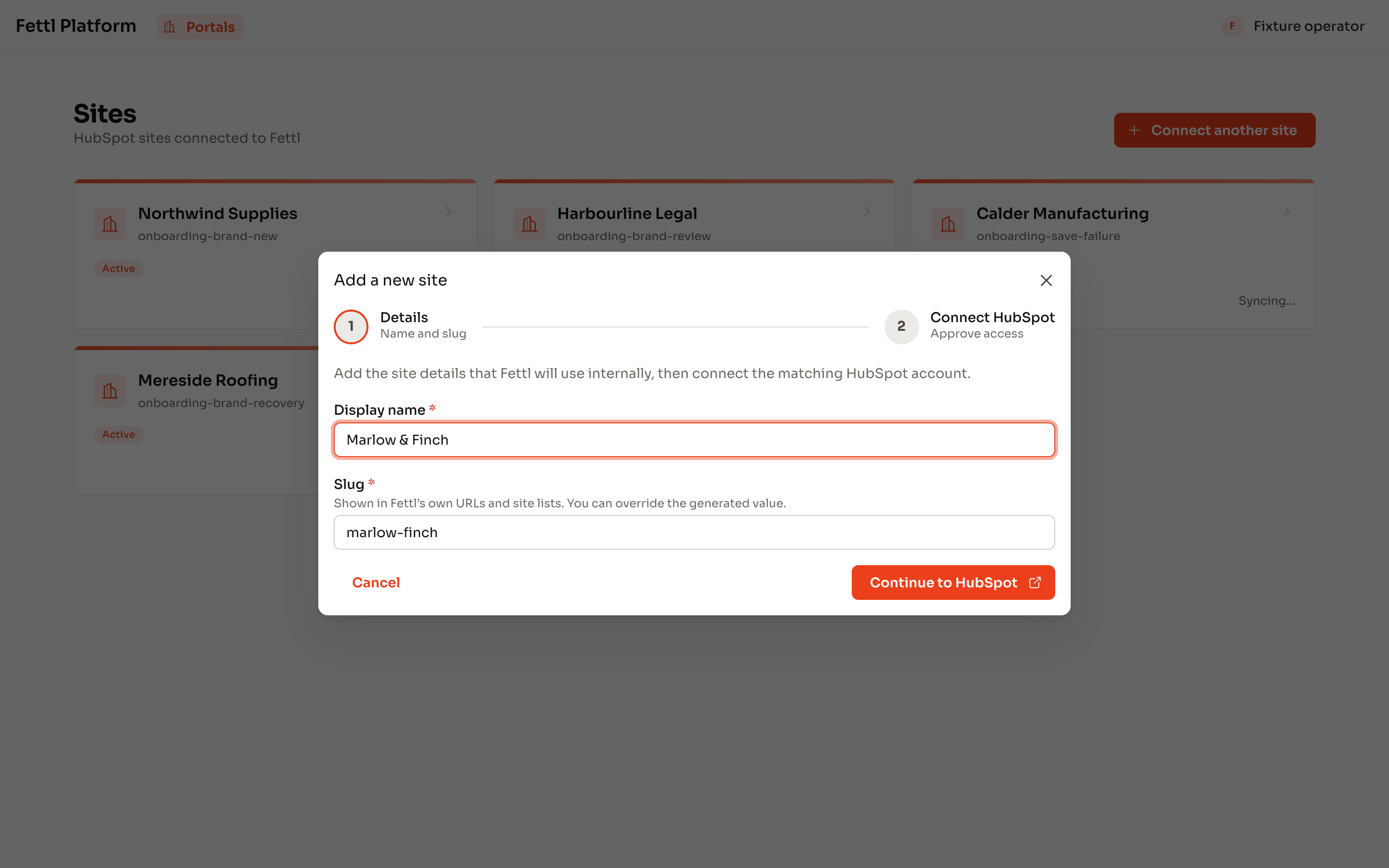 Connecting a HubSpot portal to Themespot: one screen and a button to continue to HubSpot.