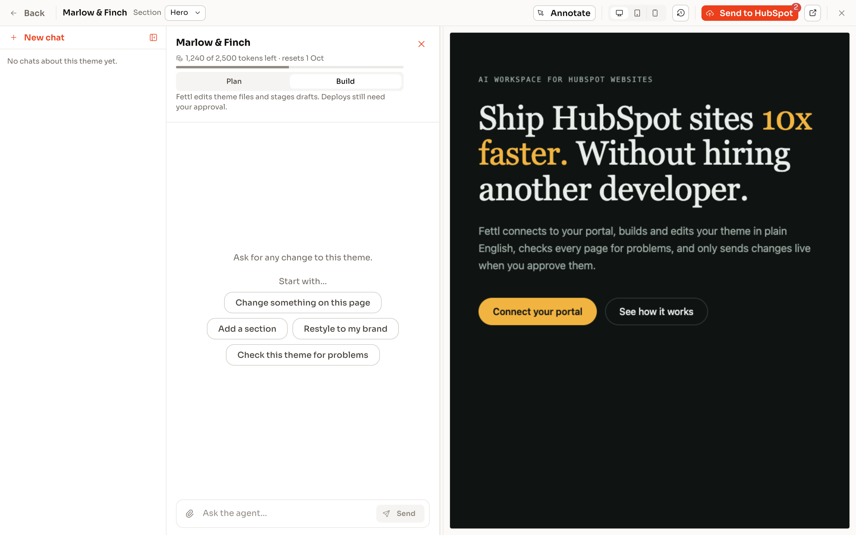 The theme workbench: the chat on the left and the live preview of the theme on the right.