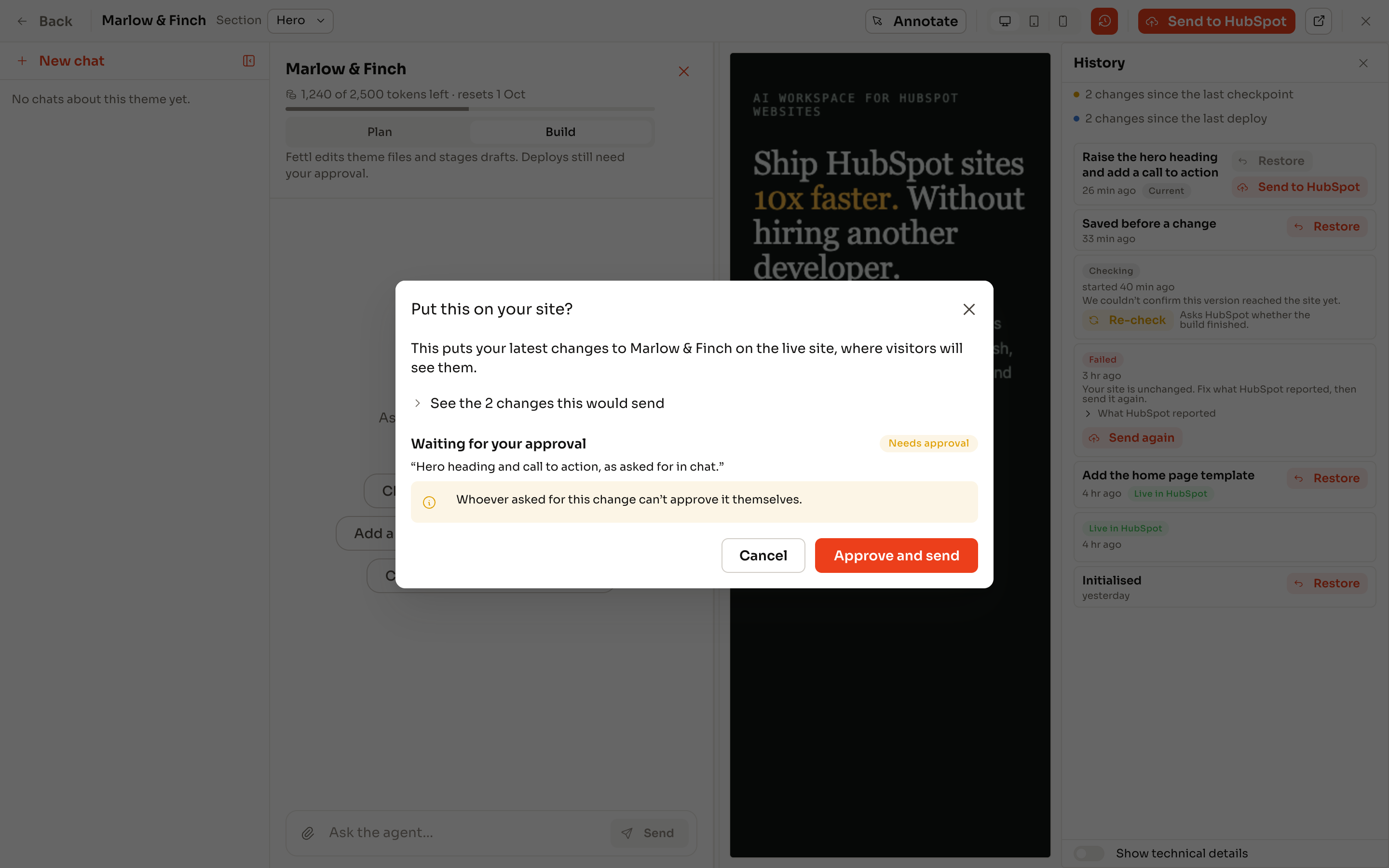A deploy request in the theme workbench: the files that will reach the portal, waiting for approval.